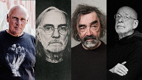 The four surviving founding members of Faust standing in a line for Bureau B's Four From Faust project